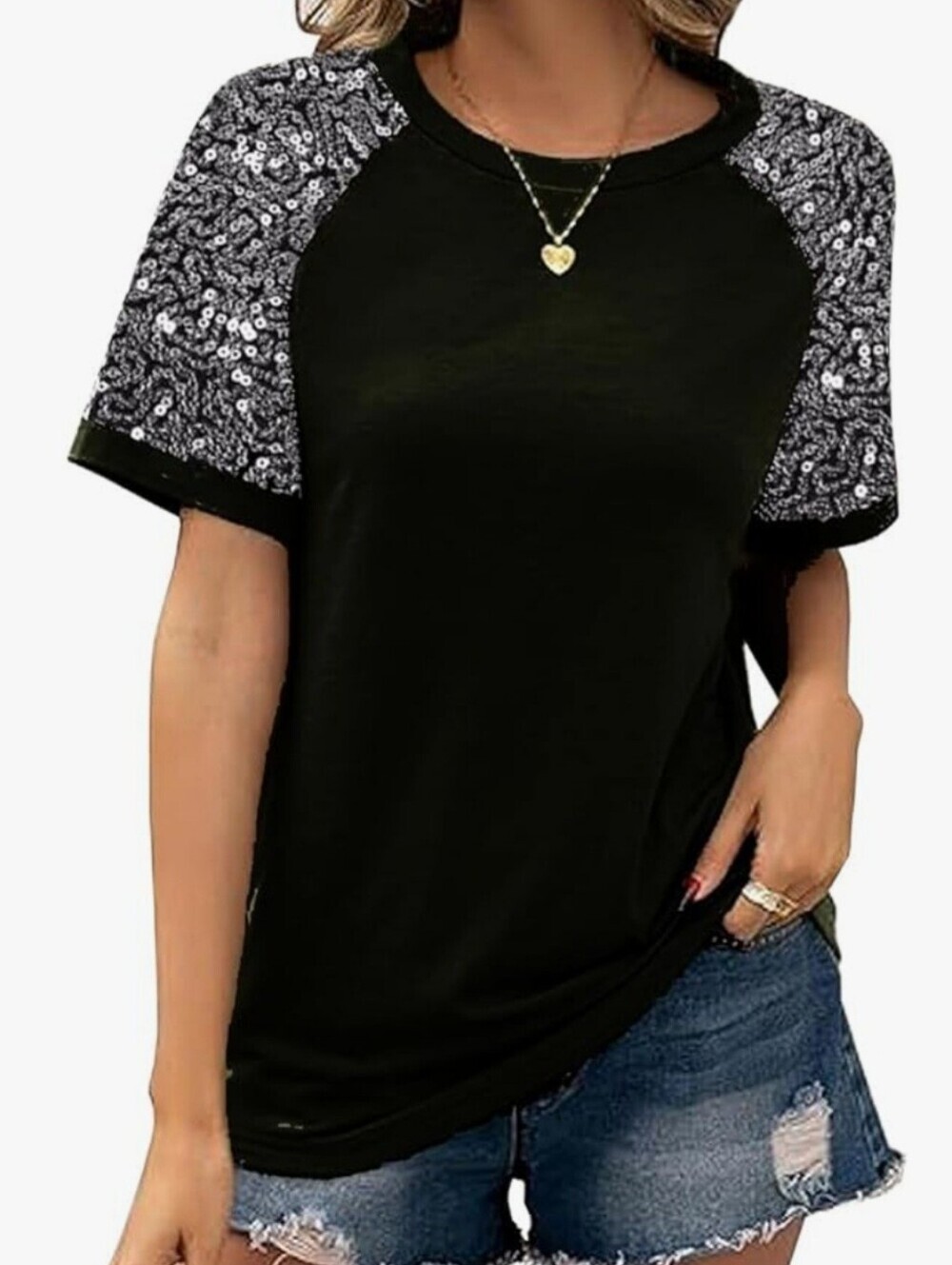 Black Short Sleeve Tee with Silver Sequin Shoulder Detail